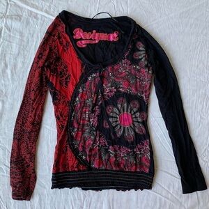 Desigual Y2K Funky Black, Red, & Pink Patterned Long Sleeve Top Size M